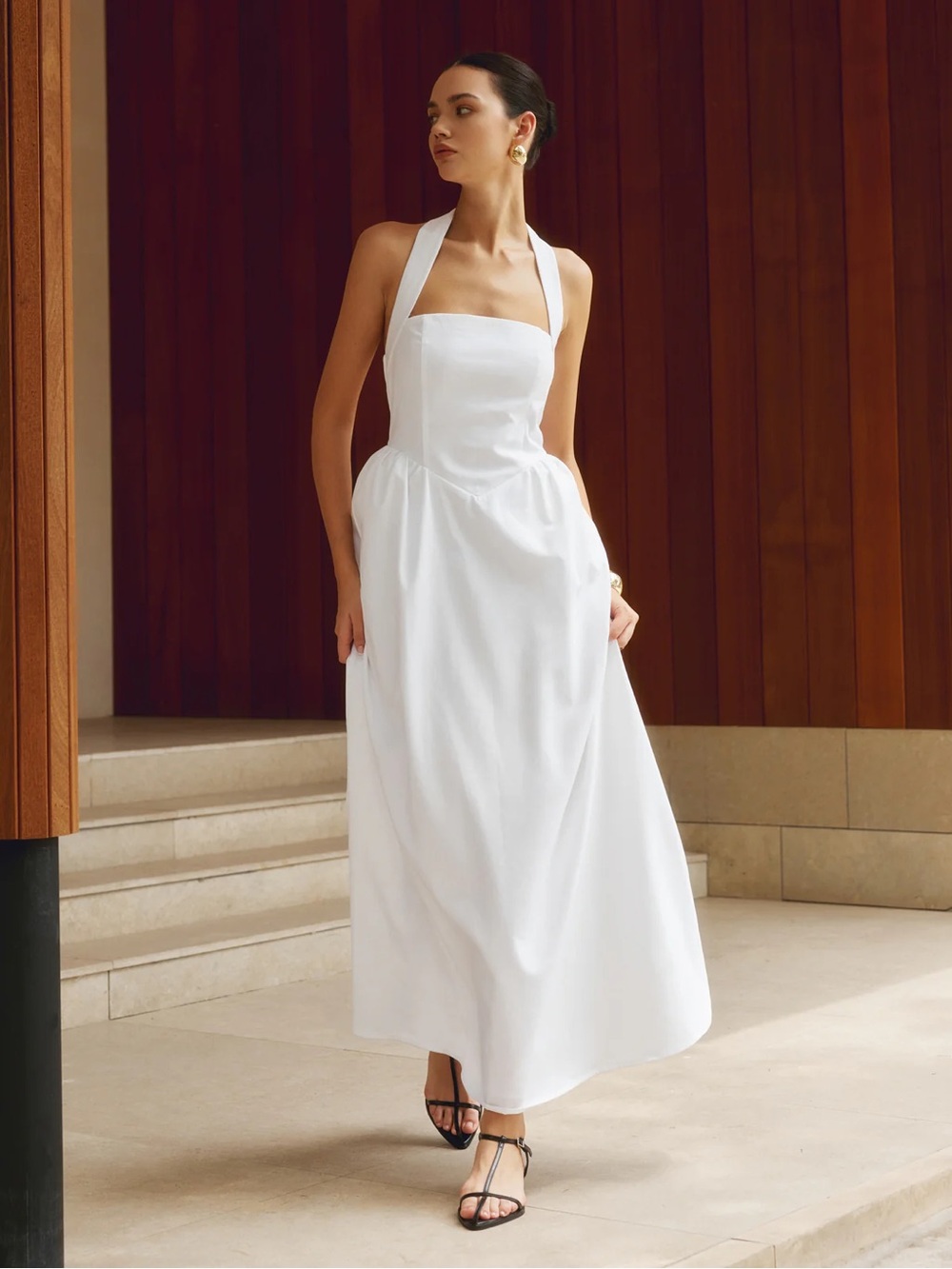 Commense White Halter Neck Maxi Dress